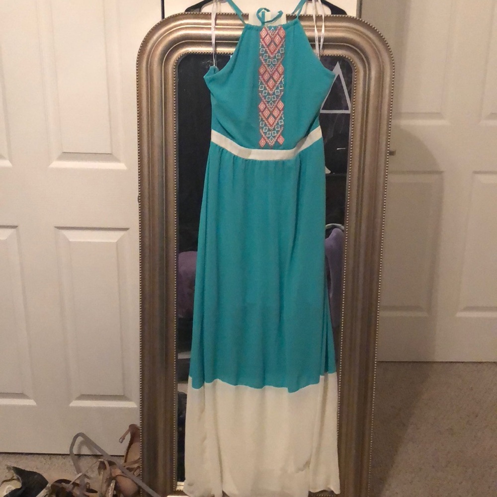Floor length dress, teal and white, Size L